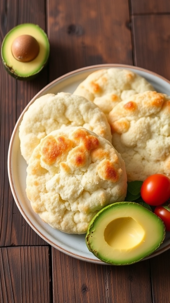 Fluffy Cloud Bread Recipe Fluffy cloud bread rounds on a plate with avocado and cherry tomatoes.
